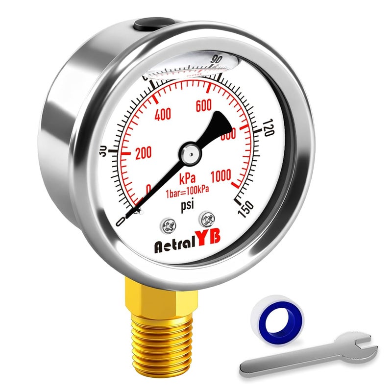 AetralYB 0-150 PSI Pressure Gauge, Liquid-Filled, 2-Inch, Stainless Steel Case, Brass Internals, 1/4" NPT Bottom Mount, Pressure Gauge for Air Compressor, RV Regulator, and Industrial Use - Image 1